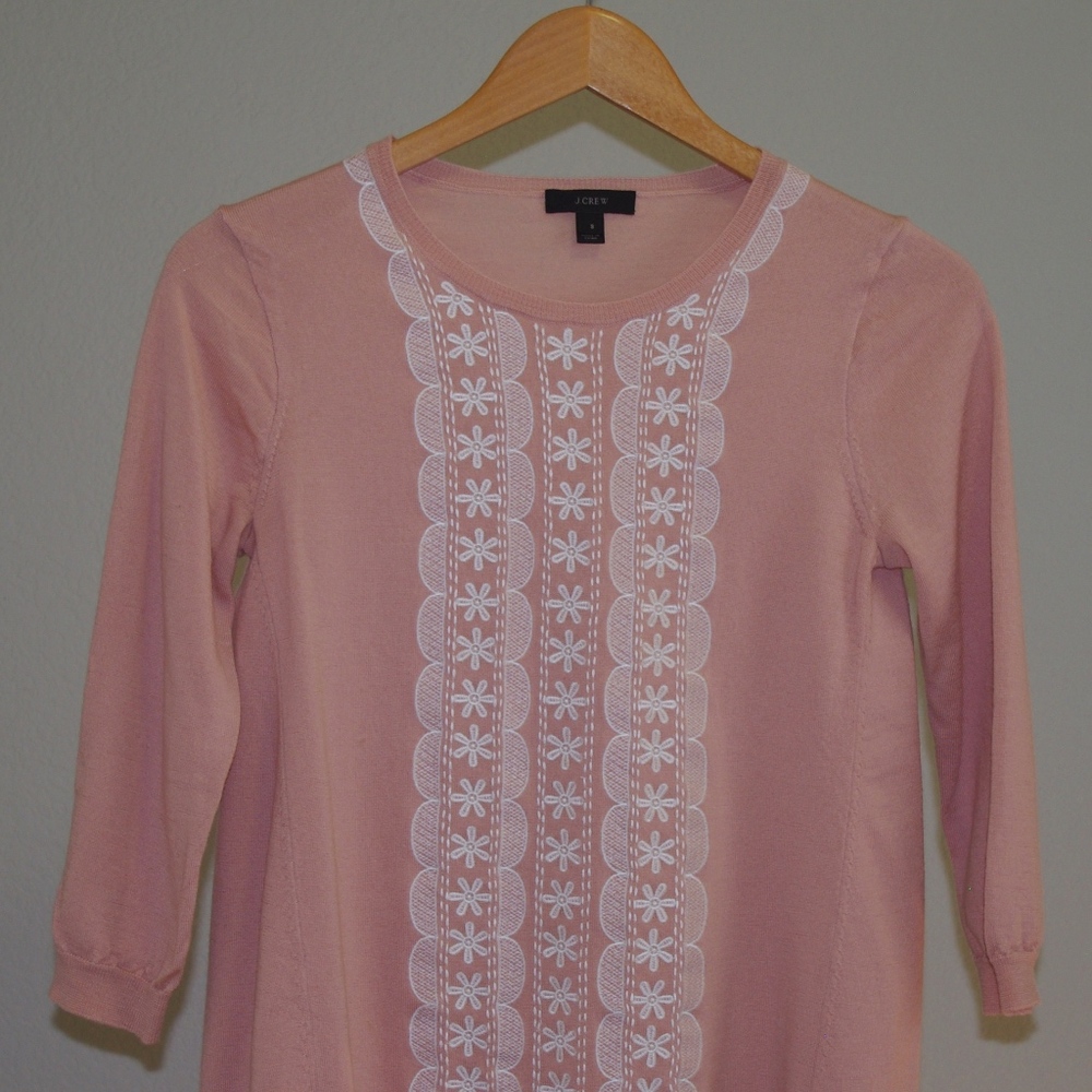 J. Crew Embroidered Merino Wool Sweater Pale Pink